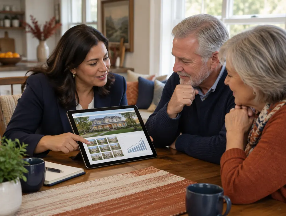 An agent shows two homeowners a marketing plan for their home on a tablet before the listing meeting