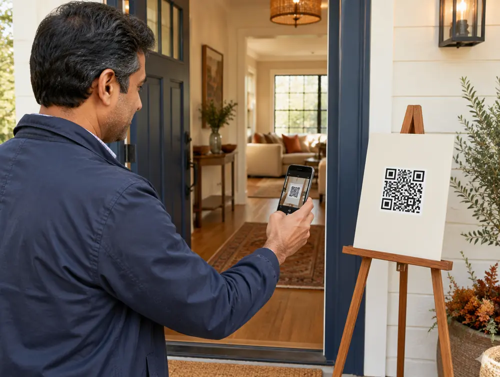 An open house visitor scans a QR code on the front door sign to sign in on their phone