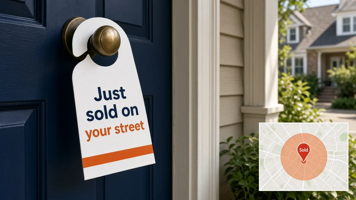 Door knocking map with a canvass radius around a just-sold home and a door hanger for circle prospecting