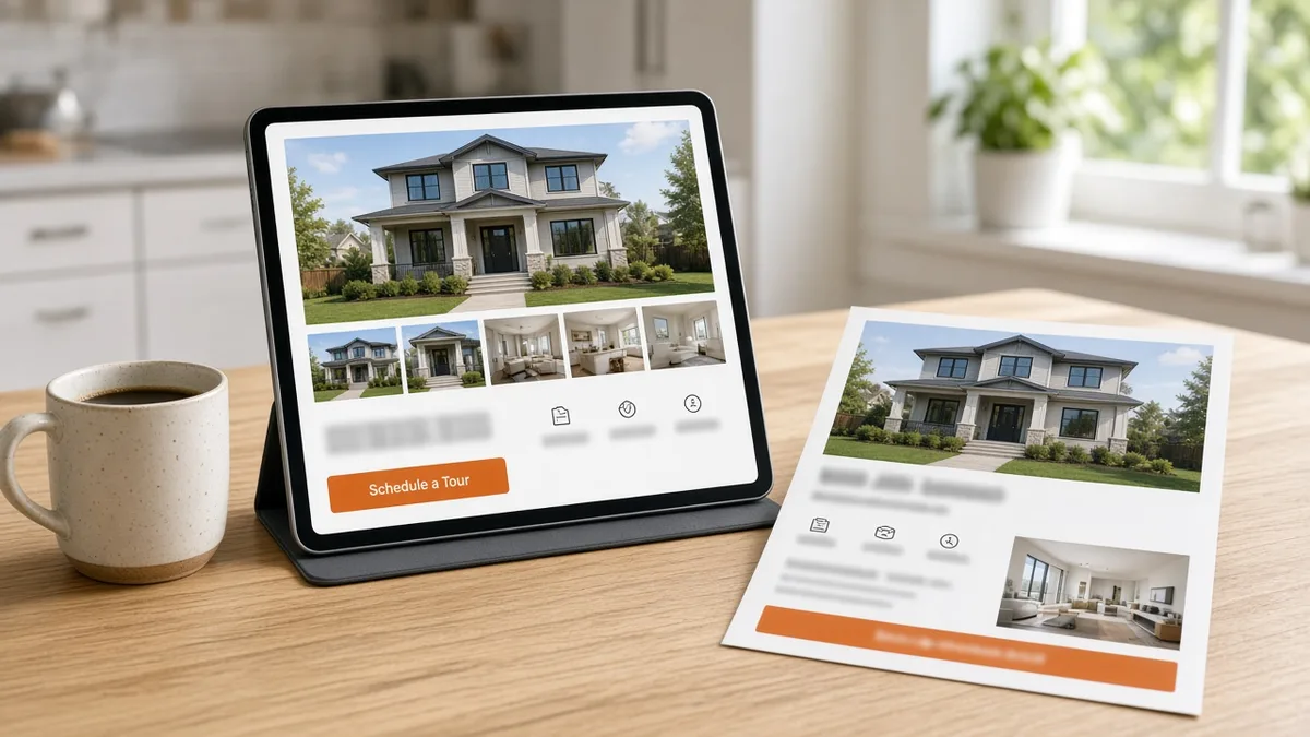 Listing page, reel and flyer shown privately on a tablet at a listing appointment